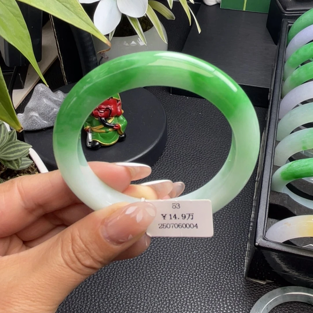 翡翠未镶嵌手镯细糯化白底青53正圈