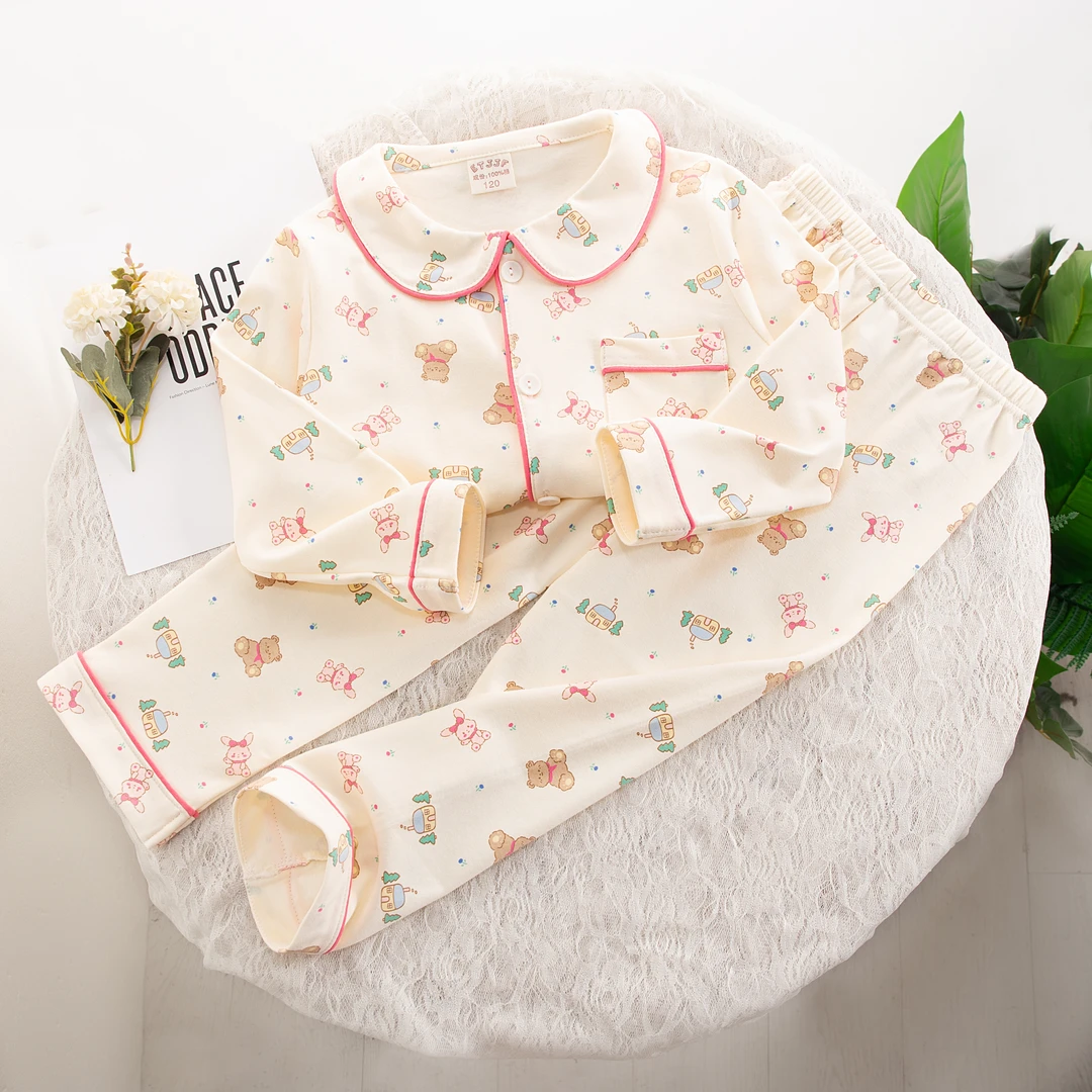 秋冬季纯棉休闲风家居服套装空调服薄款卡通长袖亲子装A类