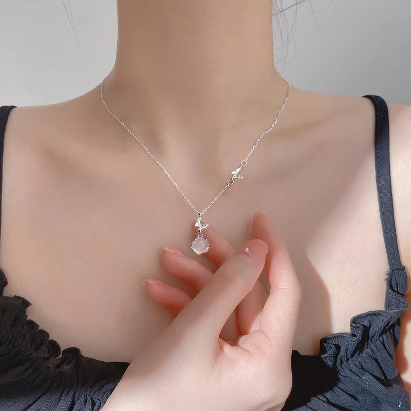 链子足银锆石 s999足银蝴蝶项链女小众设计感圆形吊坠髓锁