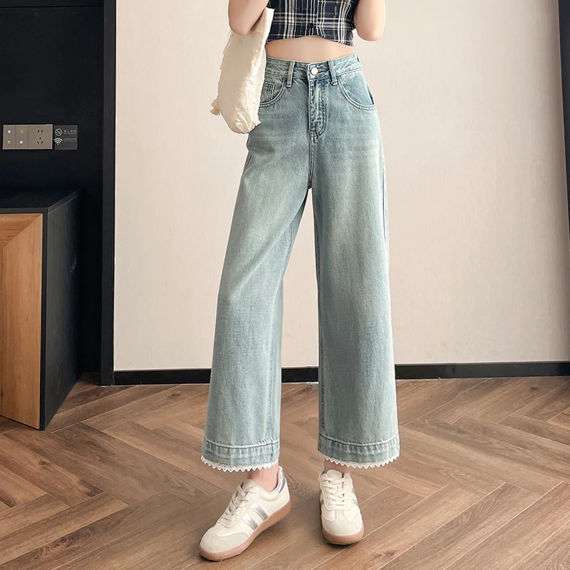 浅色牛仔裤八分裤女2025新款春夏季小个子高腰宽松阔腿微喇叭裤