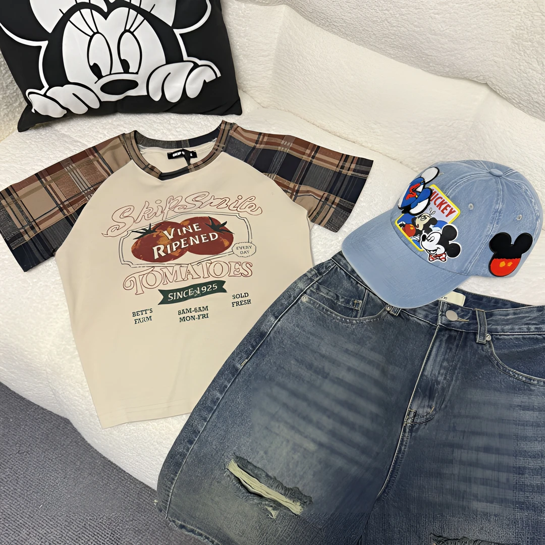 BLX--3719（深圳南油出品）新款小众设计款格子拼接印花上衣