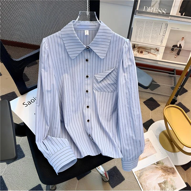 韩版简约蓝色条纹衬衫女2025春季新款休闲百搭翻领长袖设计感