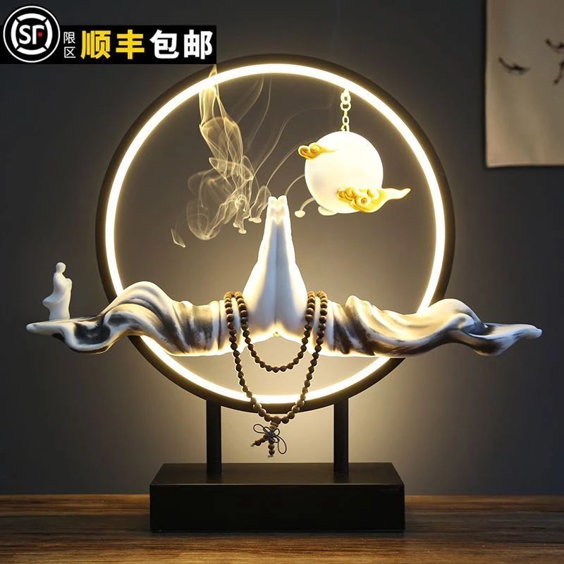中式倒流香炉灯圈陶瓷佛手释迦摩尼佛摆件佛堂室内檀沉香客厅玄关