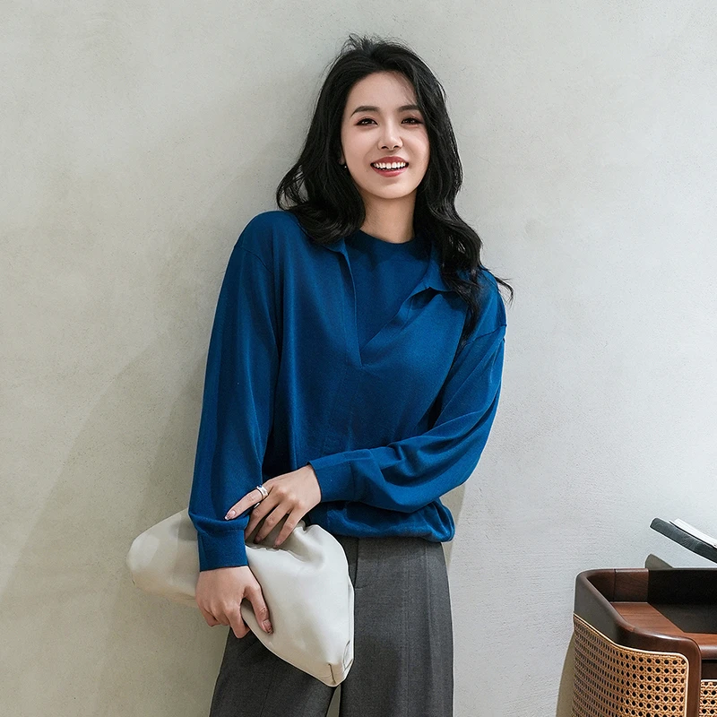 谭飞琥珀针织衫早秋新款肤宽松慵懒随性假两件毛衫