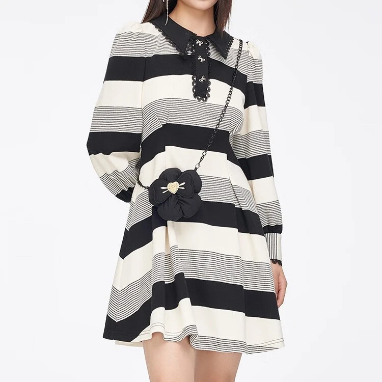 Jessy line春季专柜款 杰茜莱时尚条纹收腰连衣裙 312211102 黑间