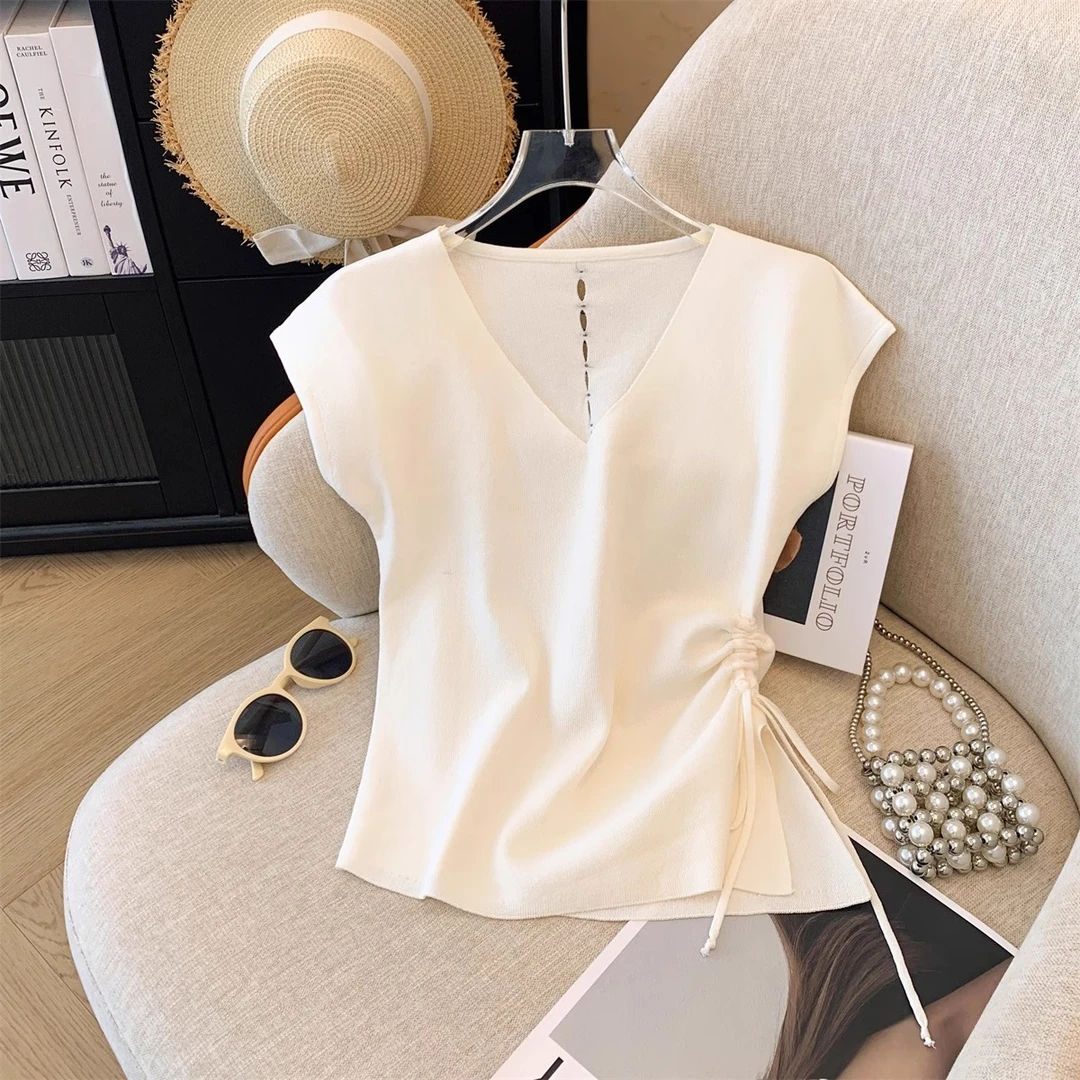 纯色女装甜辣V领针织上衣女夏季不规则抽绳百搭洋气收腰外穿背心