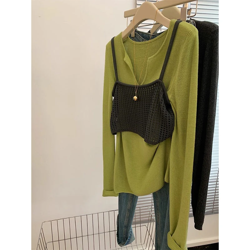 爆款叠穿两件套绿色长袖针织衫女士2025新款上衣高级感早秋氛围感