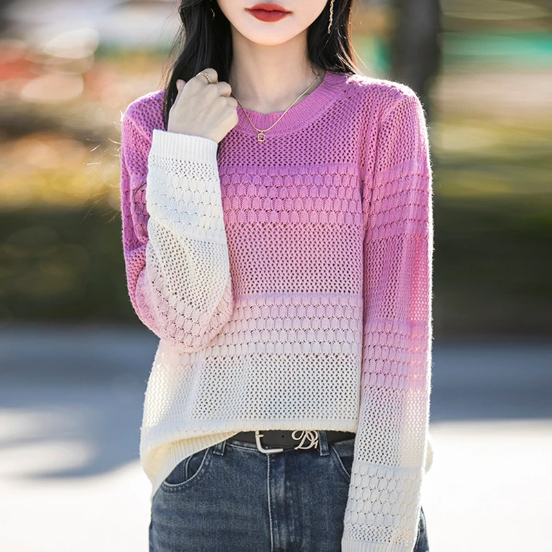 打底衫女春秋2025新款洋气秋冬内搭针织长袖大码女装镂空渐变毛衣