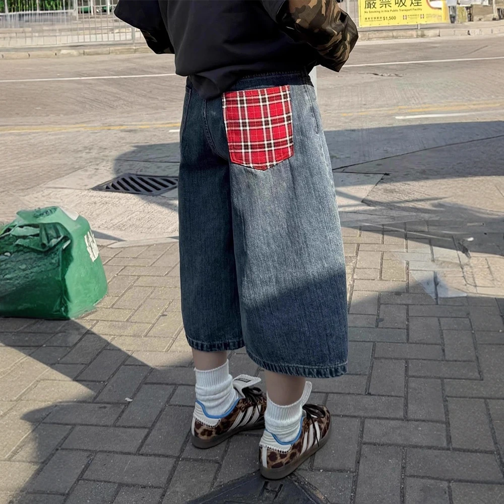 大码美式复古格子阔腿牛仔裤女装2025春夏新款宽松休闲直筒七分裤