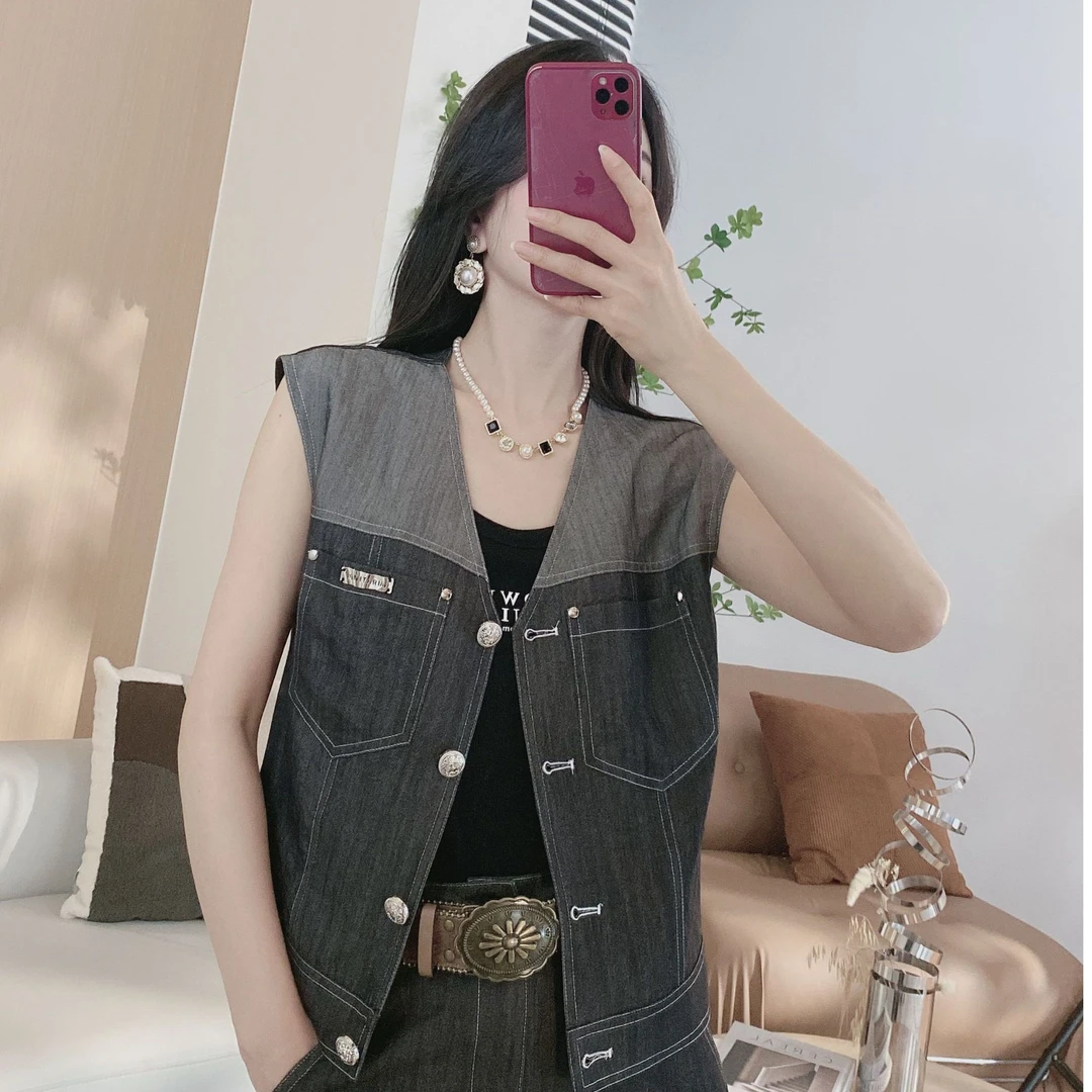 【橦颜】拼色V领马甲上衣+阔腿裤两件套（加长版2361）(常规）8554