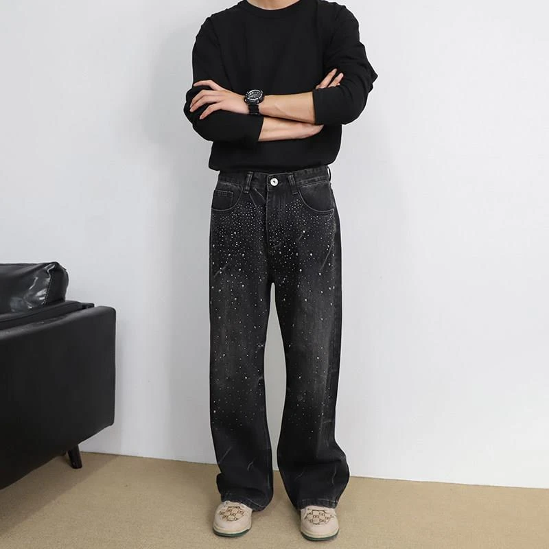 春夏新款黑灰色烫钻牛仔裤男款美式高街宽松满天星2025阔腿直筒裤