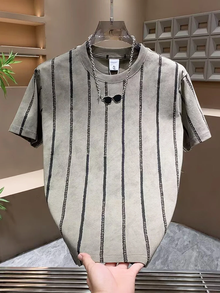 复古潮流男士时尚宽松T恤夏季新款2025条纹拼色圆领短袖青年半袖