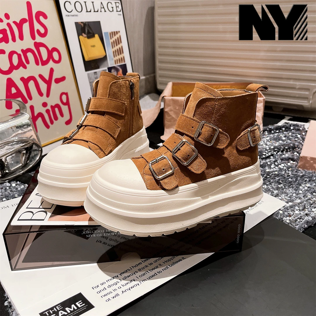 NY品牌娃娃头大头高帮鞋2025新款翻毛皮金属扣休闲板鞋面包女鞋潮