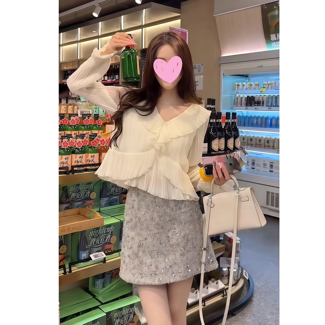 法式甜美风荷叶边V领雪纺衬衫女通勤百搭重工亮片短裙女两件套女