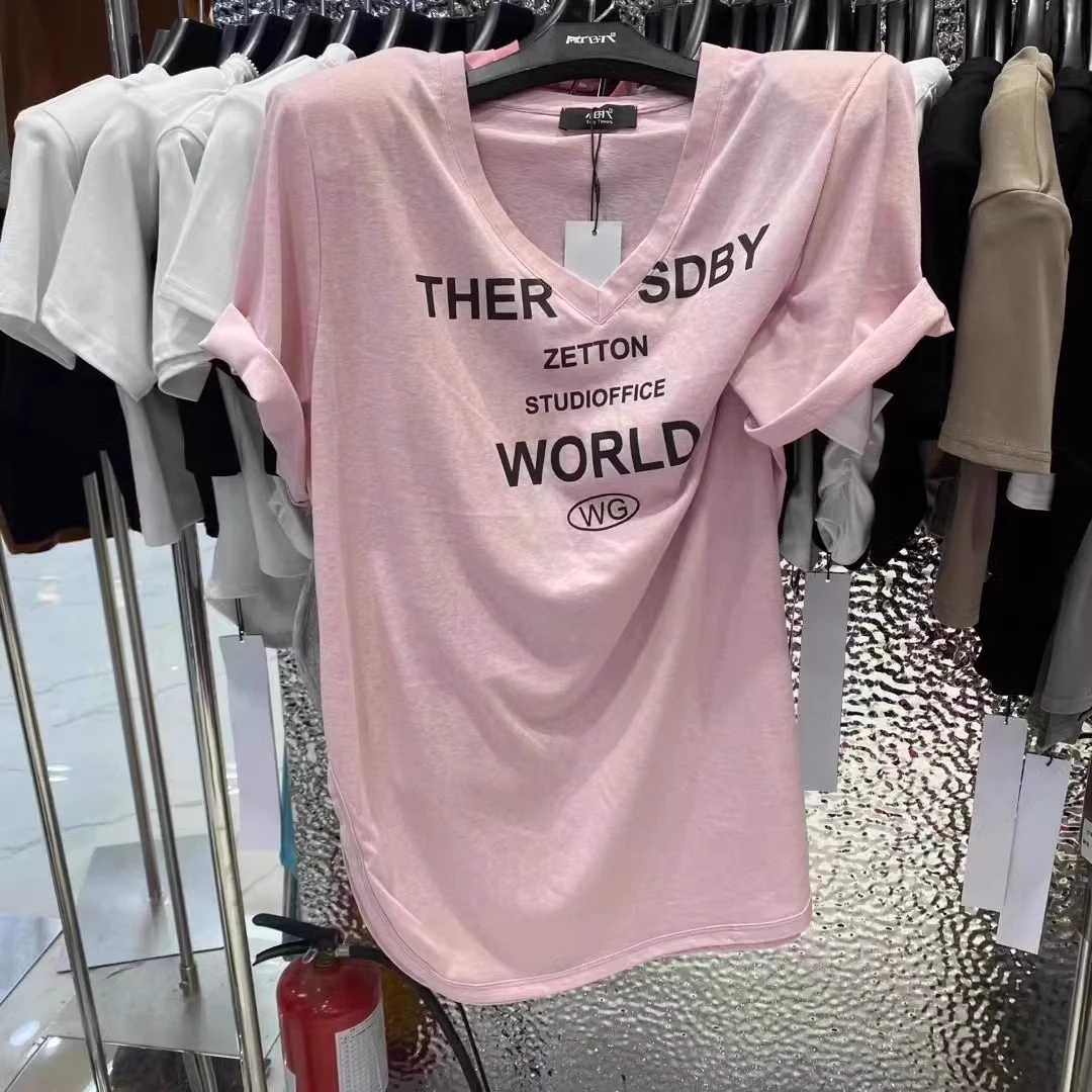 韩国东大门夏季新款字母印花侧开叉中长款宽松屁股v领垫肩短袖t恤