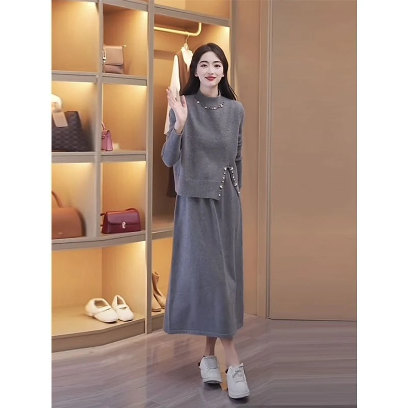 秋冬加厚时尚大码宽松中长款两件套连衣裙高端收腰显瘦针织毛衣裙