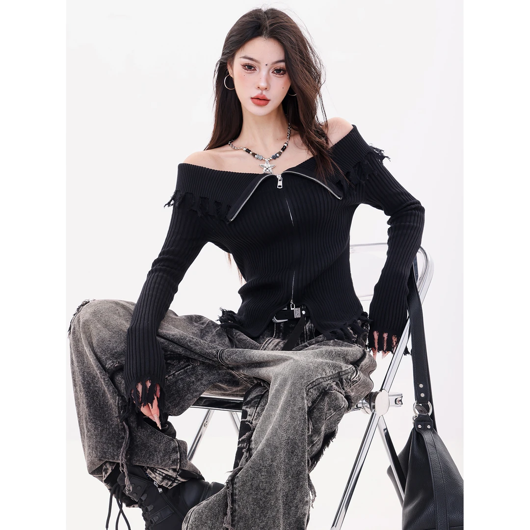 ABWLR 西单沙丘-原创辣妹风翻领长袖针织衫女秋季双拉链修身上衣