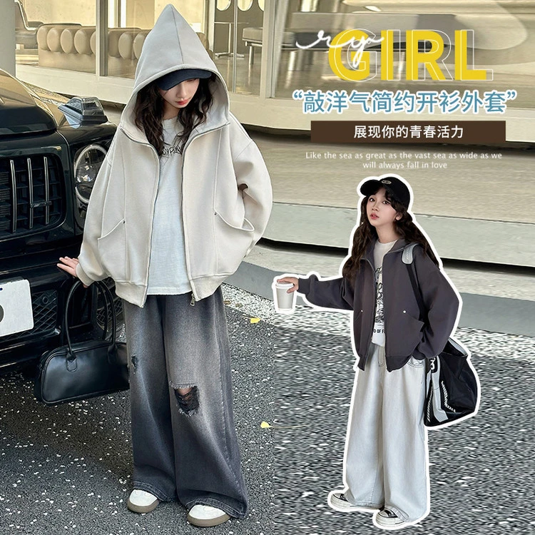 女童2025春季新款运动普通外套休闲纯色女童中大童洋气韩版外套