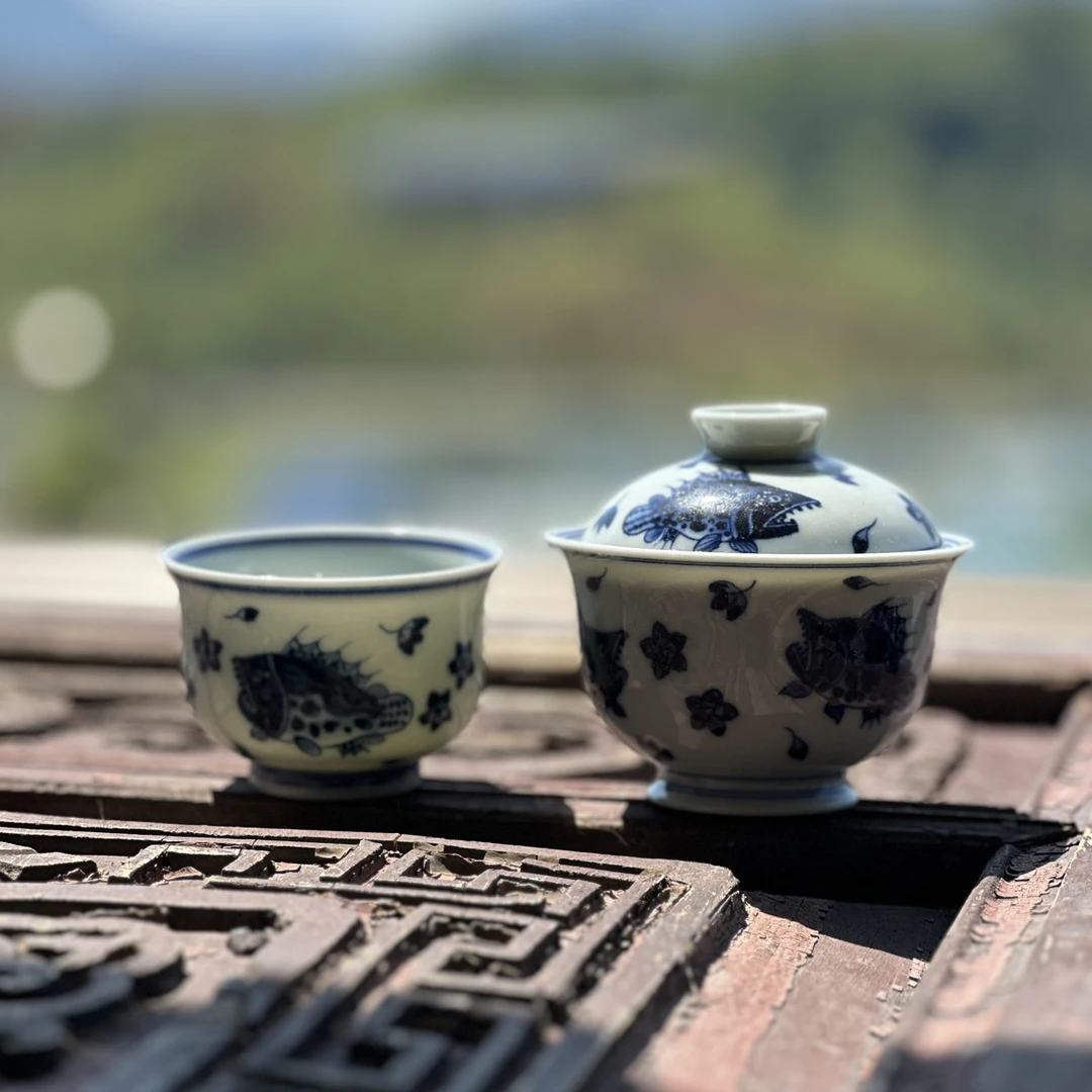 子舍柴窑景元柴窑片羽堂手绘鱼藻纹桃花鳜鱼龙纹石榴盖碗/主人杯