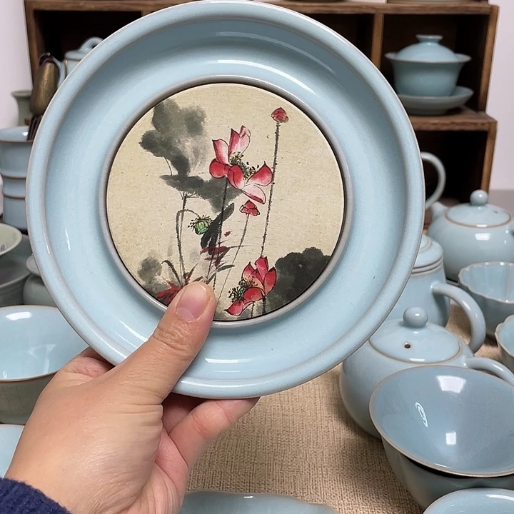 壶承天青水墨荷花创意壶承微瑕