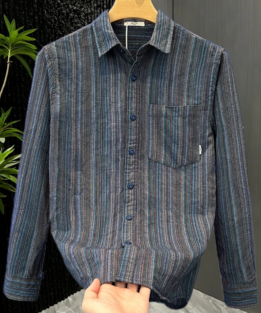 轻奢潮牌条纹衬衫高端男士长袖春秋透气时尚青年松弛感休闲风衬衣