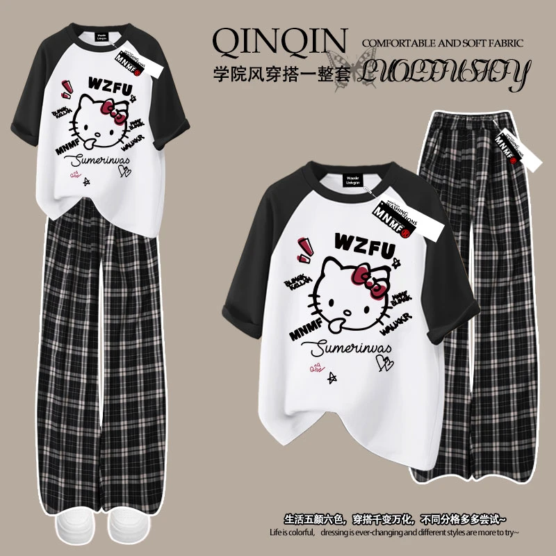 哈喽Kitty猫女童纯棉短袖T恤格子裤套装夏季新款中大童运动两件套