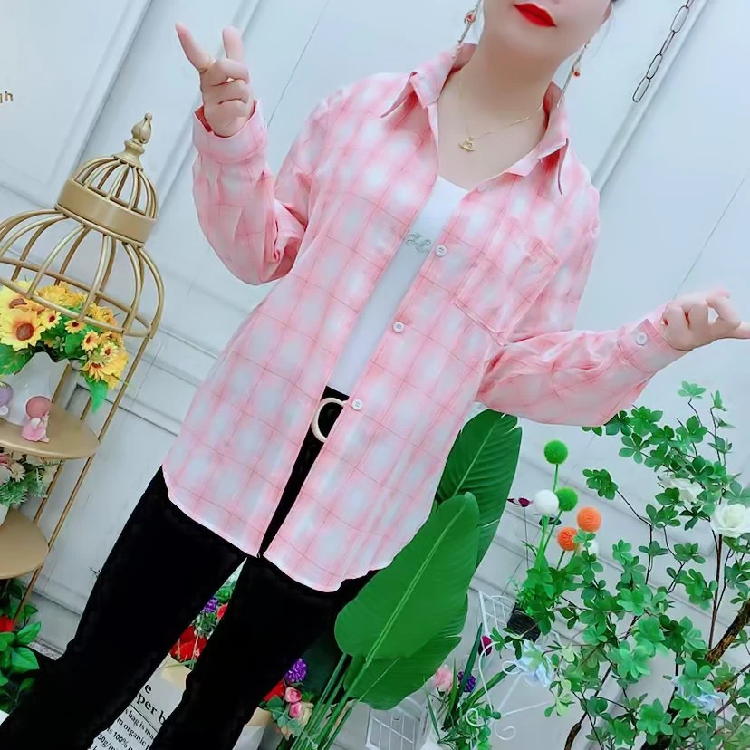 夏季薄款防晒衣格子衬衫外套女时尚别致Polo领轻薄透气衬衣开衫女