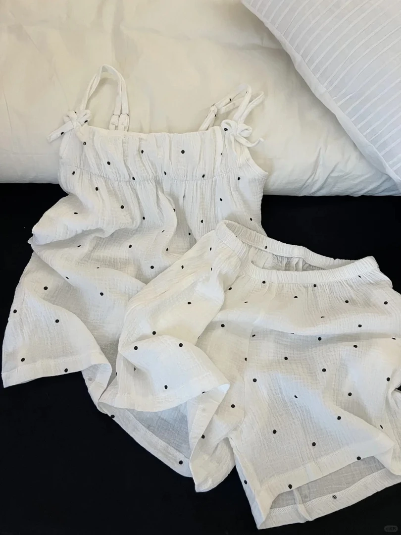 【纯欲波点】韩版少女吊带棉纱睡衣女夏季新款套装显瘦舒适家居服夏