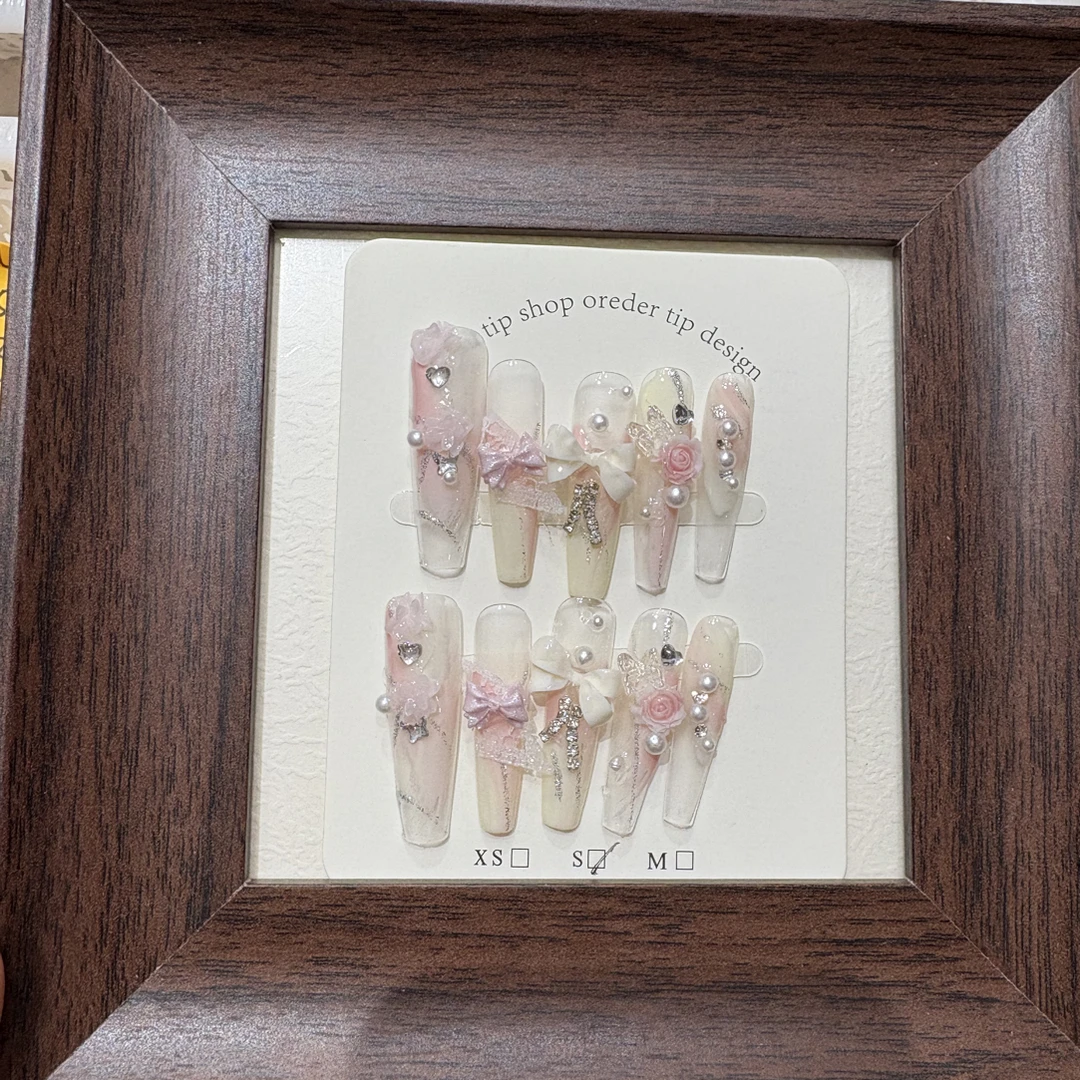 【编码048】冰透纯手工渐变蝴蝶结蕾丝显白百搭穿戴甲