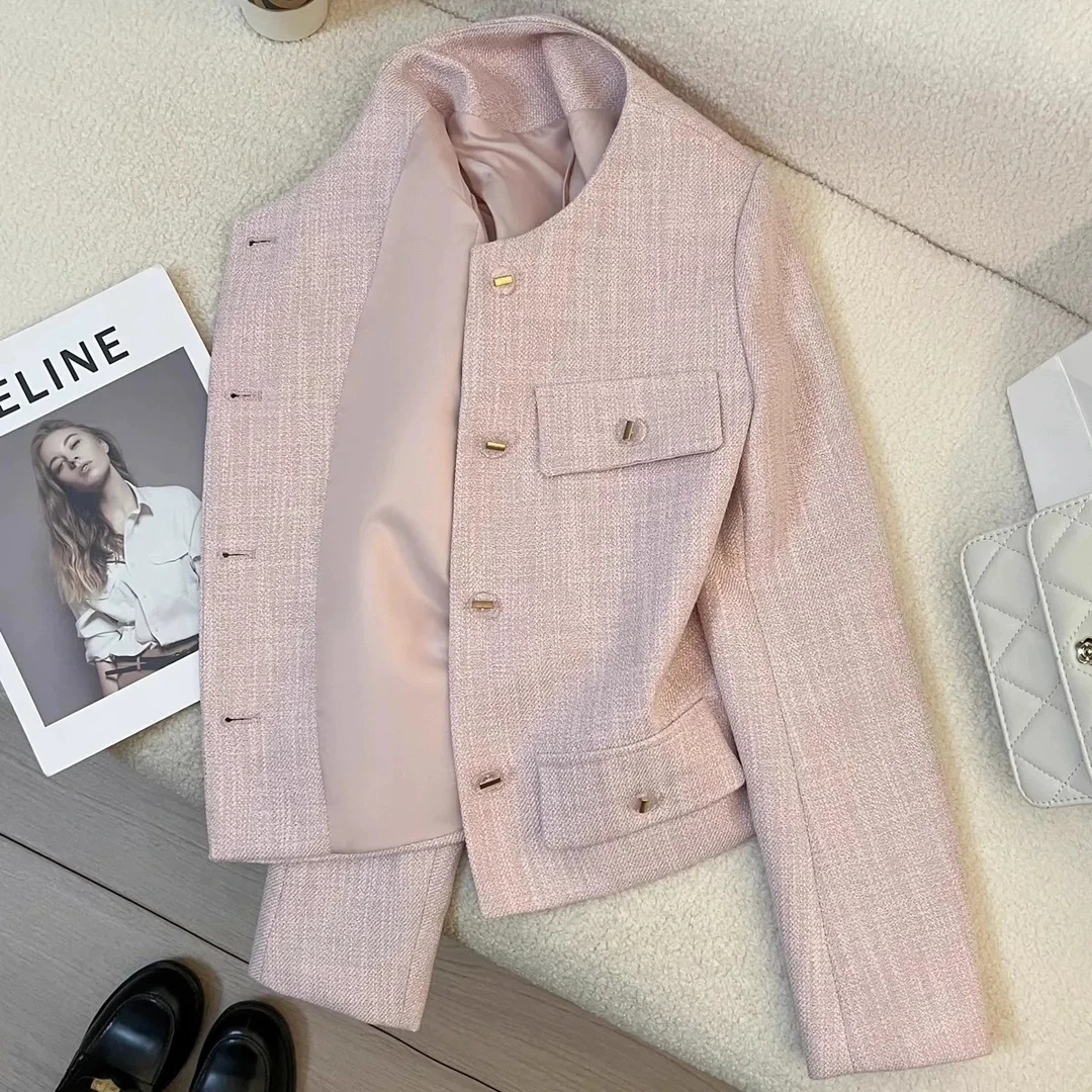 春季新款粉色名媛小香风西装外套女法式洋气高级百搭短款上衣潮