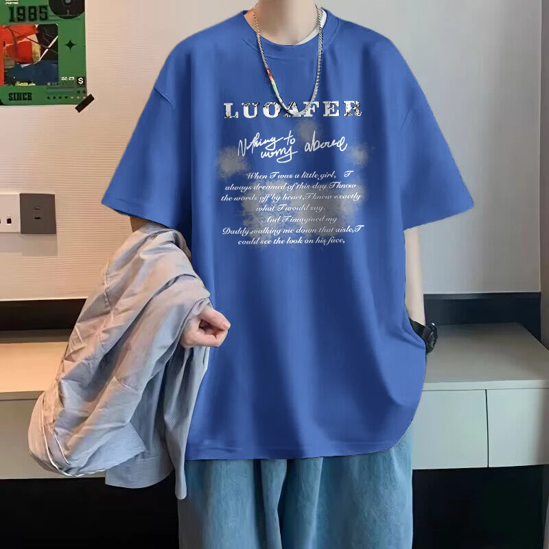 2025年夏季新款100%纯棉200斤大码男士时尚街头学院风短袖T恤上衣