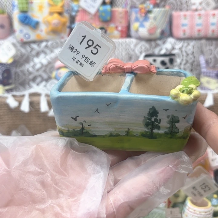 195双格手工盆风景手绘