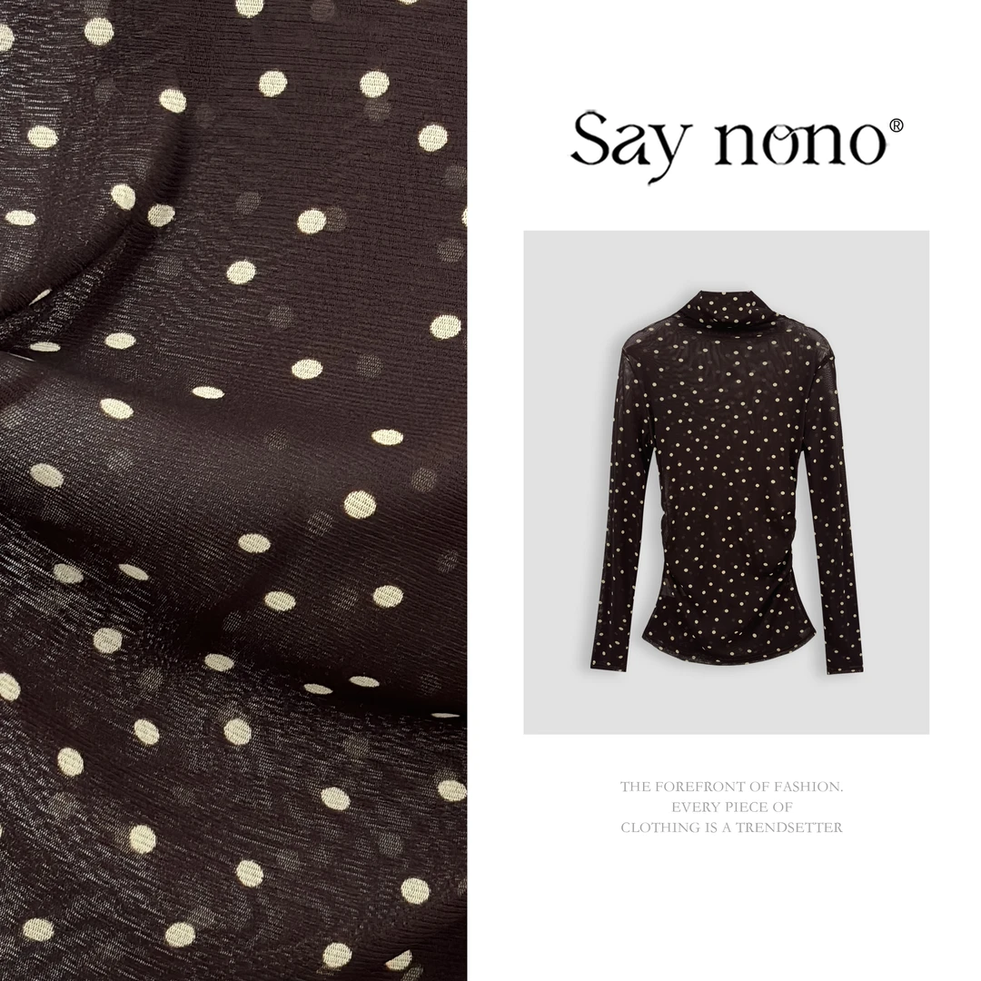 懒猫nono│Saynono时尚复古波点堆领设计感印花网纱上衣T恤X08051F