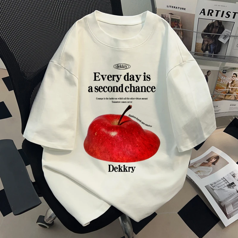 jtrt韩版设计感苹果字母印花短袖T恤男女宽松百搭休闲套头上衣服