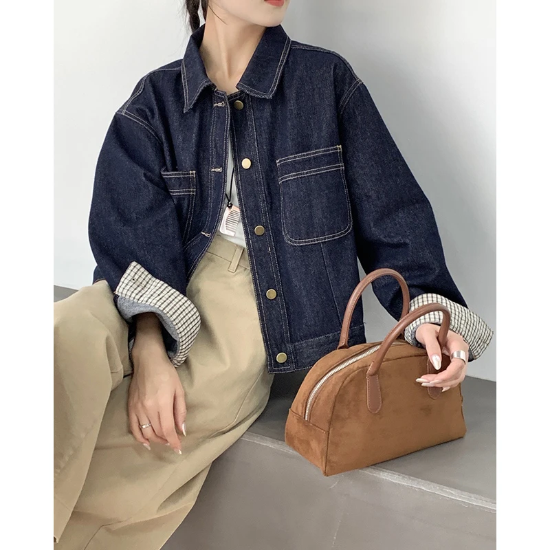 撞色翻领短款牛仔外套女25秋季韩系宽松复古高级感小个子上衣夹克