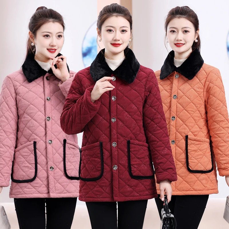 冬季新款短款时尚减龄黑毛领棉服厚款外套加厚中老年女装妈妈装