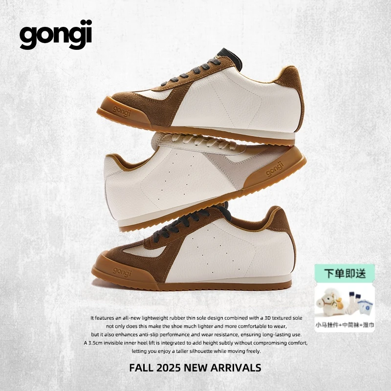 【田嘉瑞同款】gongji棕色德训鞋女秋冬方头内增高鞋子运动小白鞋男