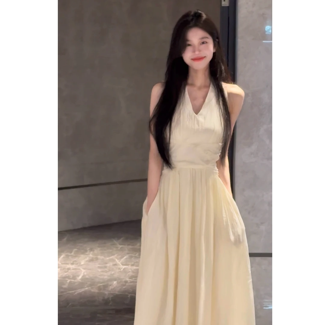 【喵喵】桃花皱感缎面绝美及地连衣裙收腰设计感显瘦气质女 202B