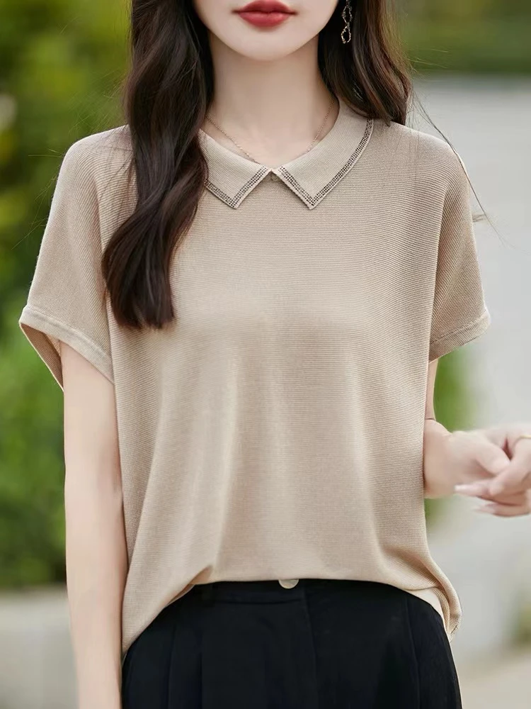 NS907-100%莱赛尔天丝短袖烫钻领口小飞袖小翻领6色80-150斤可穿