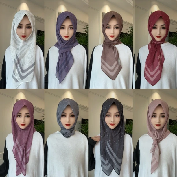 B土耳其纱花纹烫钻新品方巾（配盒针）