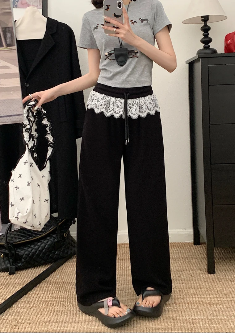 2025新款学院风黑色蕾丝花边慵懒阔腿运动裤女春季新款显瘦休闲裤