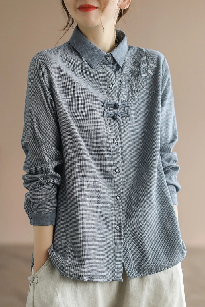 文艺复古格子翻领衬衫女2025春秋季民族风刺绣中国风长袖盘扣上衣
