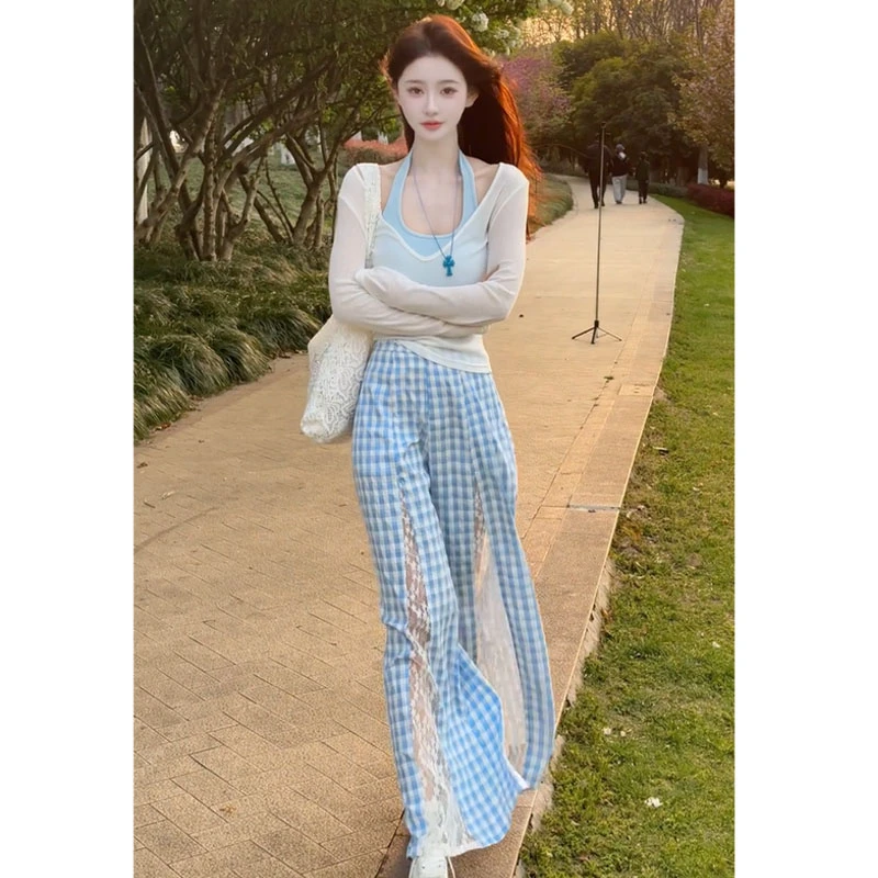 时尚套装女夏季2025新款防晒罩衫挂脖背心蕾丝拼接格子裤三件套潮