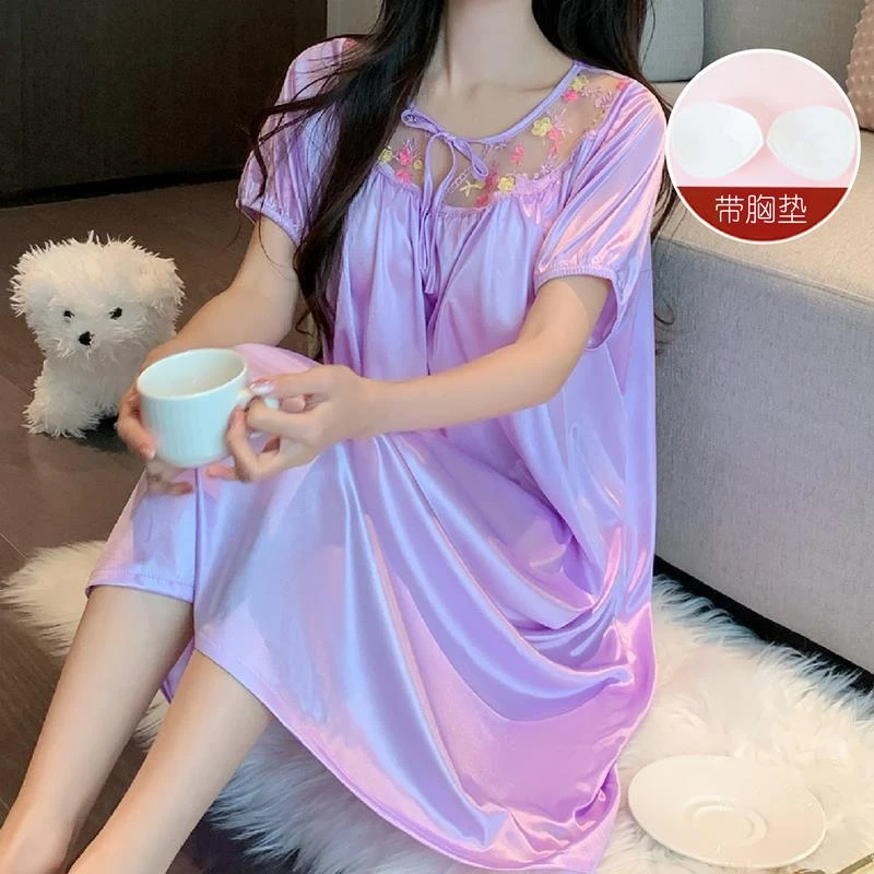女士睡衣带胸垫一体式夏季短袖冰薄款大码睡裙夏天蕾丝性感家居服