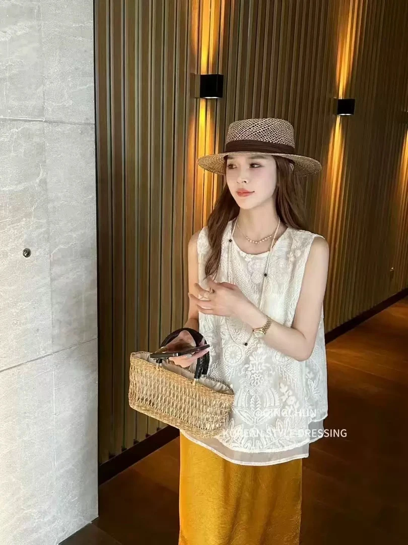 新中式丝绒植绒无袖衬衫新款洋气网纱拼接假两件上衣056款