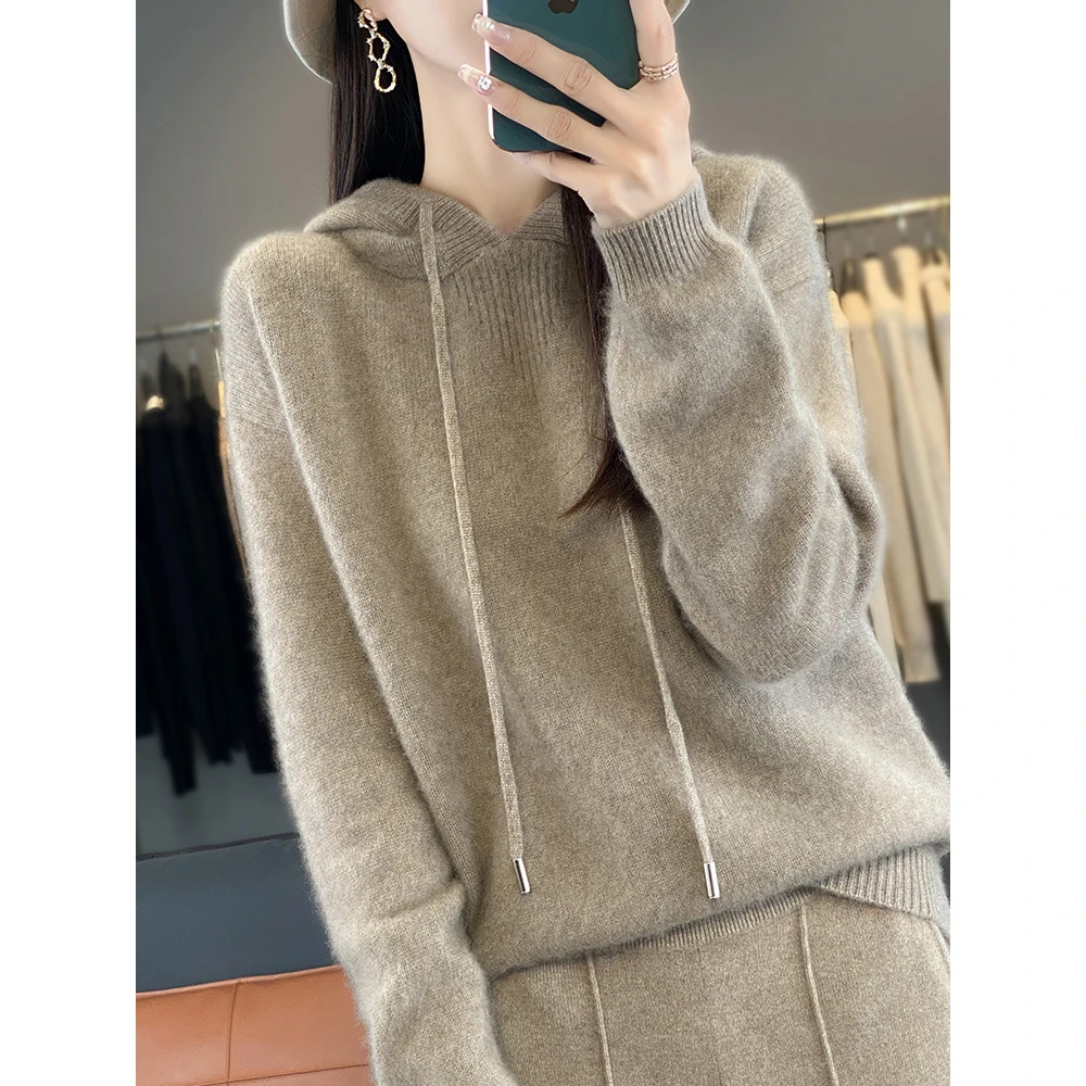 慵懒加厚连帽套头羊绒毛衣女秋冬新款长袖保暖休闲羊毛针织打底衫