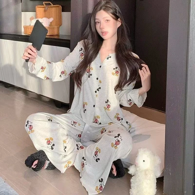 慵懒感可外穿早秋款米奇睡衣女冰丝螺纹高级感休闲宽松家居套装Z