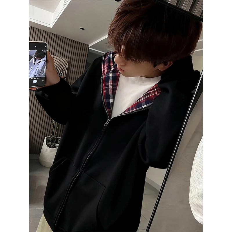 格子拉链开衫卫衣外套男款秋季重磅假两件连帽衫情侣美式复古夹克