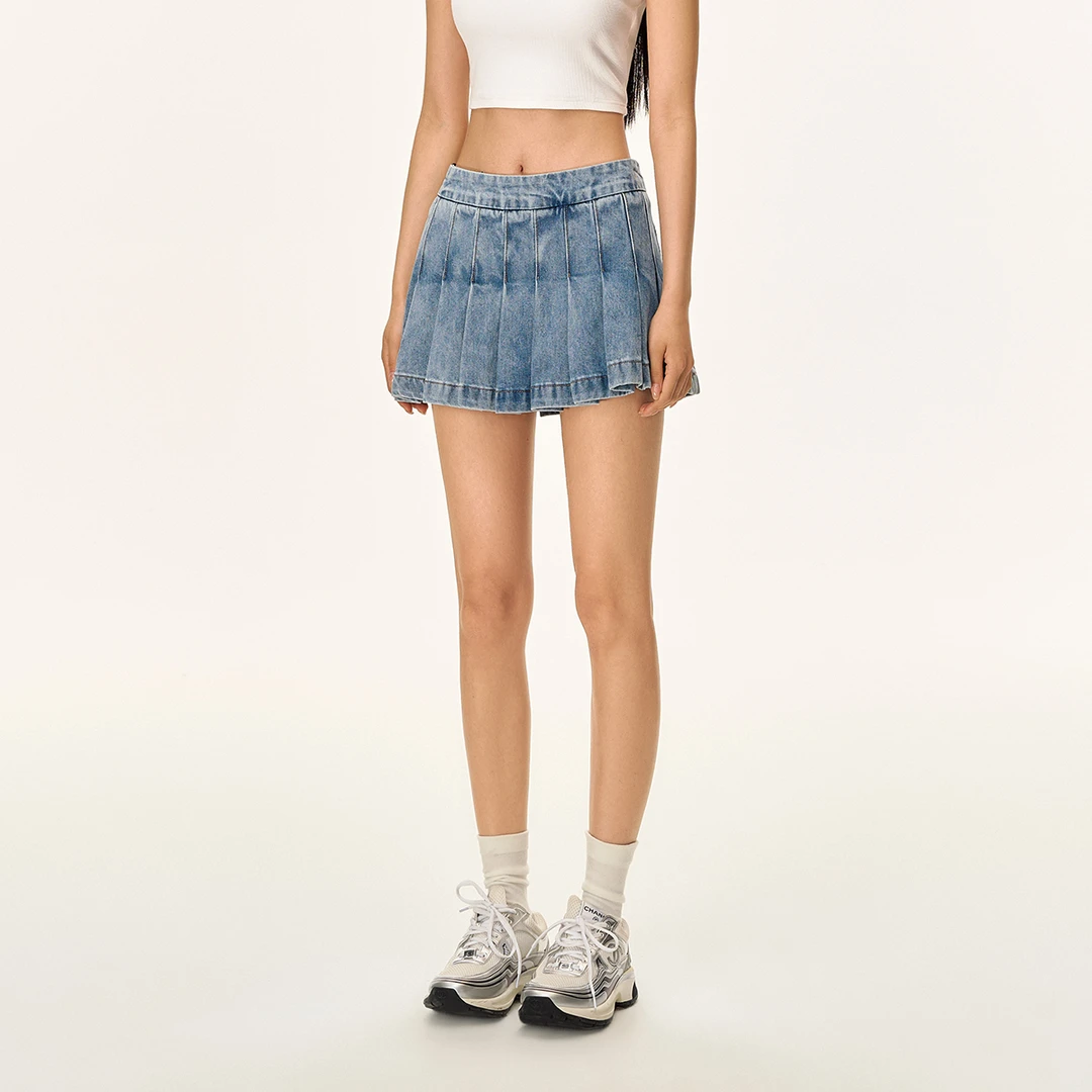 CLIMAX VISION复古做旧水洗A字极简防走光牛仔半身短裙辣妹百褶裙