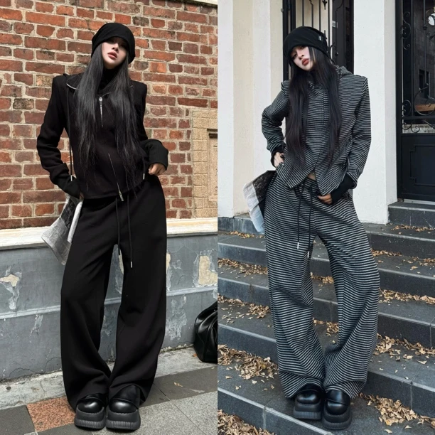 Blackgirl新款【悉尼往事】加绒保暖通勤时髦连帽外套休闲卫衣套装